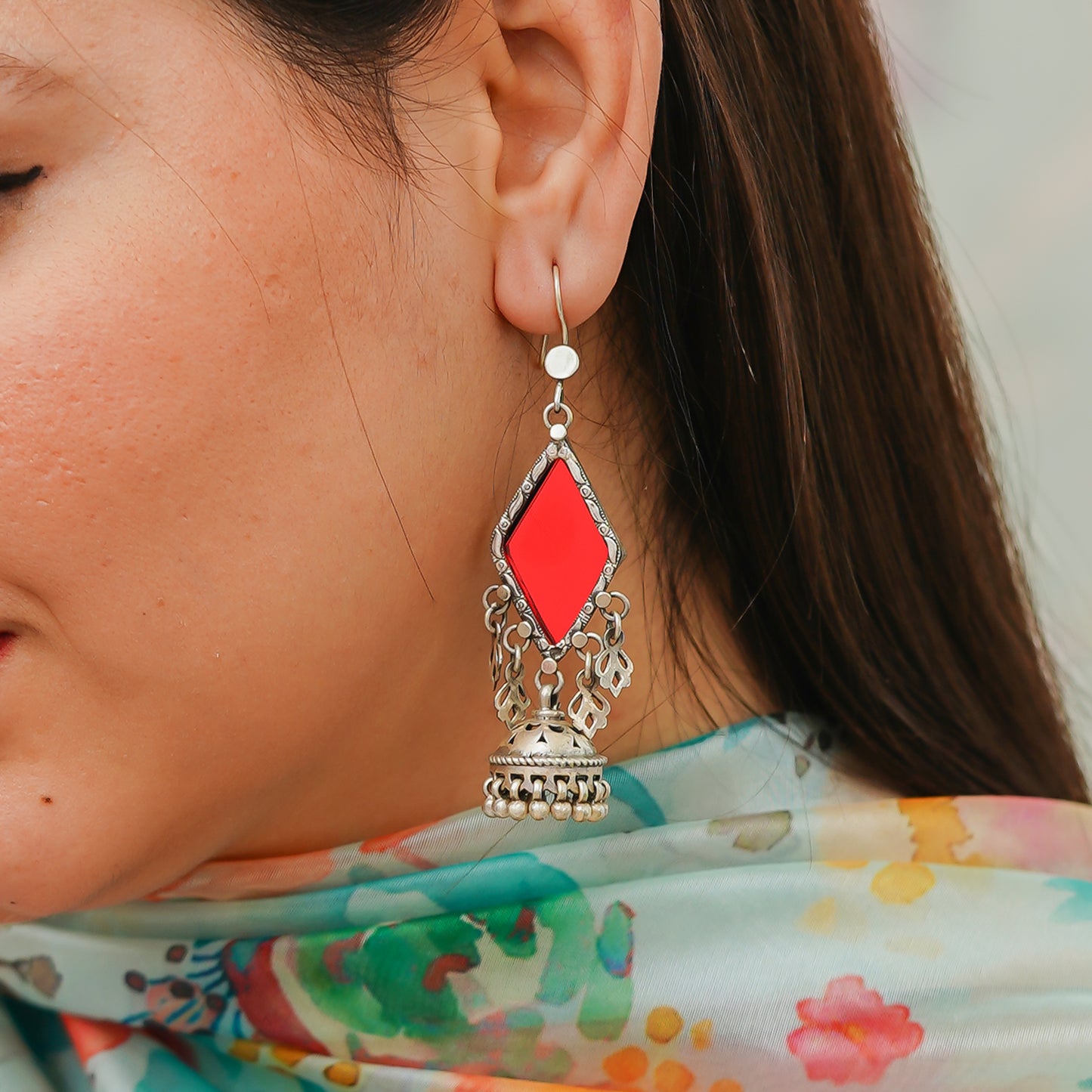 Amulya Rare Color-Glass Small Jaali Jhumar Red Earrings