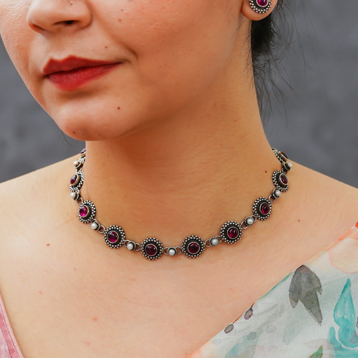 Rani Padmini Minute Deatiled Rawa Red Stone Necklace