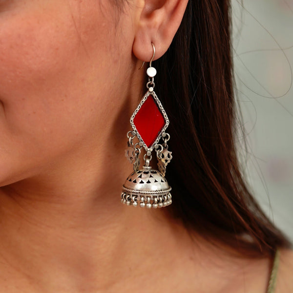 Amulya Rare Color-Glass Jaali Jhumar Red Earrings