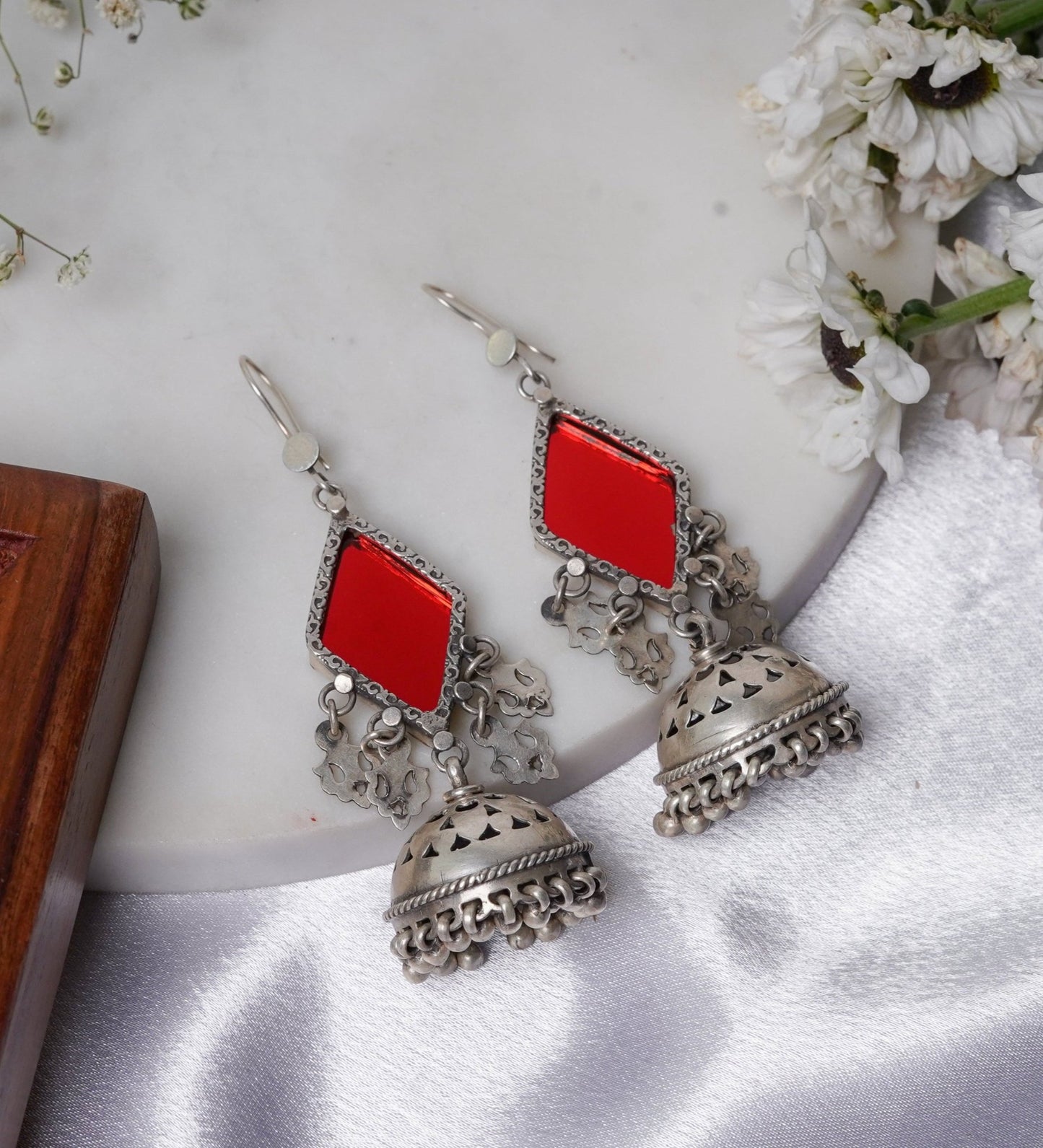 Amulya Rare Color - Glass Jaali Jhumar Red Earrings - ShailPiya