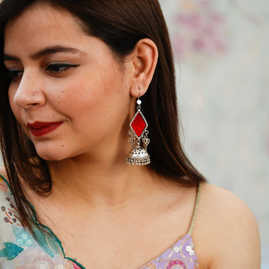 Amulya Red Glass Jali Jhumar Silver Jhumka Earrings - ShailPiya