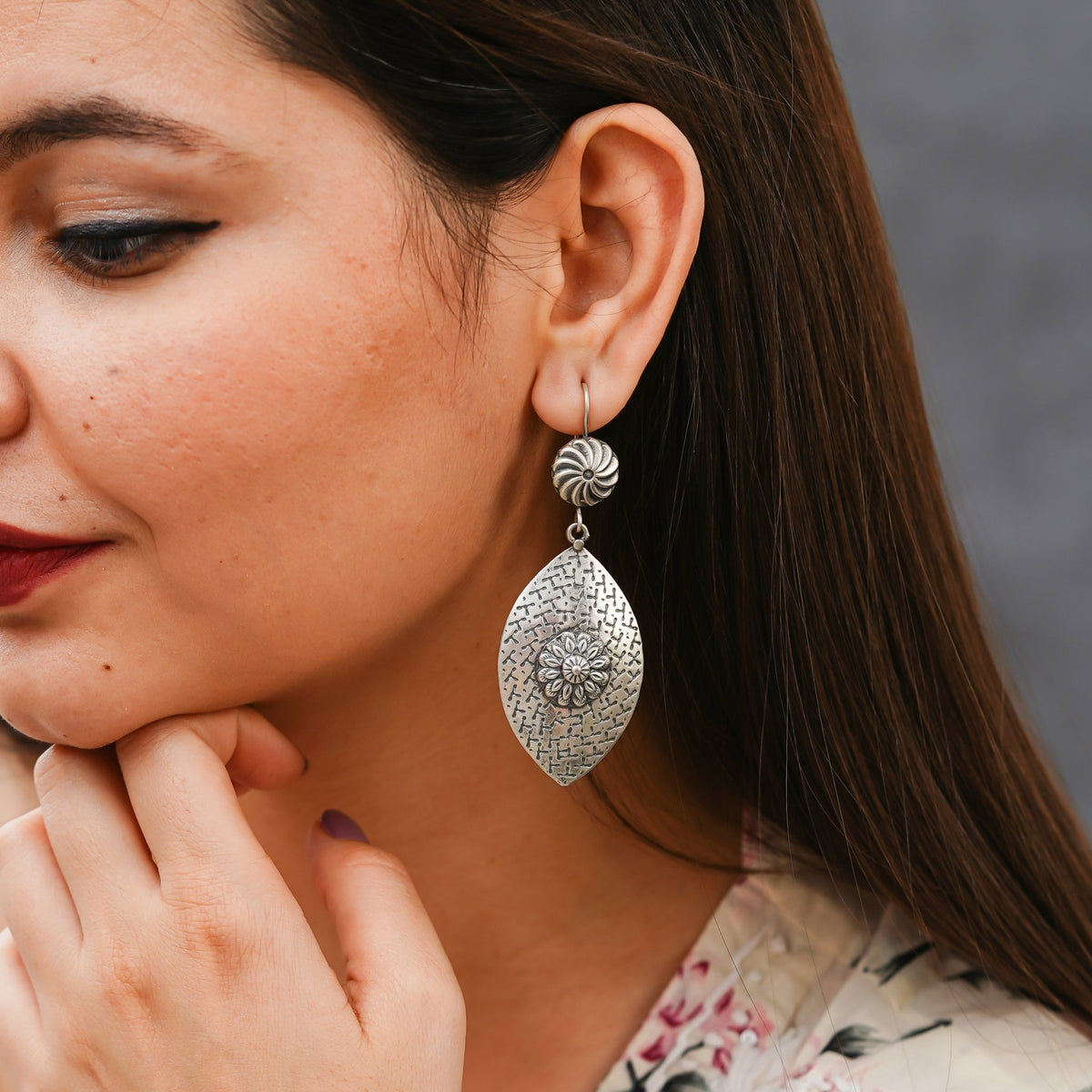 Meera Fine Kalamkari Sheet 925 Silver Hook Earrings - ShailPiya