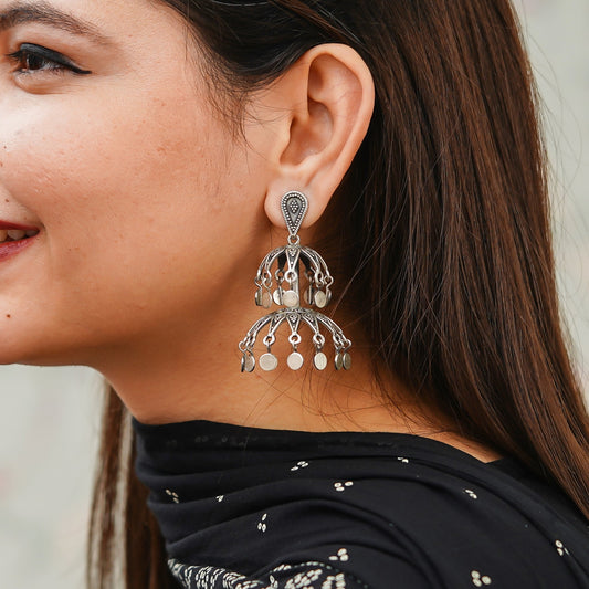 Shakti Fine Rawa Deatiled Jhumka With Tikadi Hanging Drop Earrings - ShailPiya