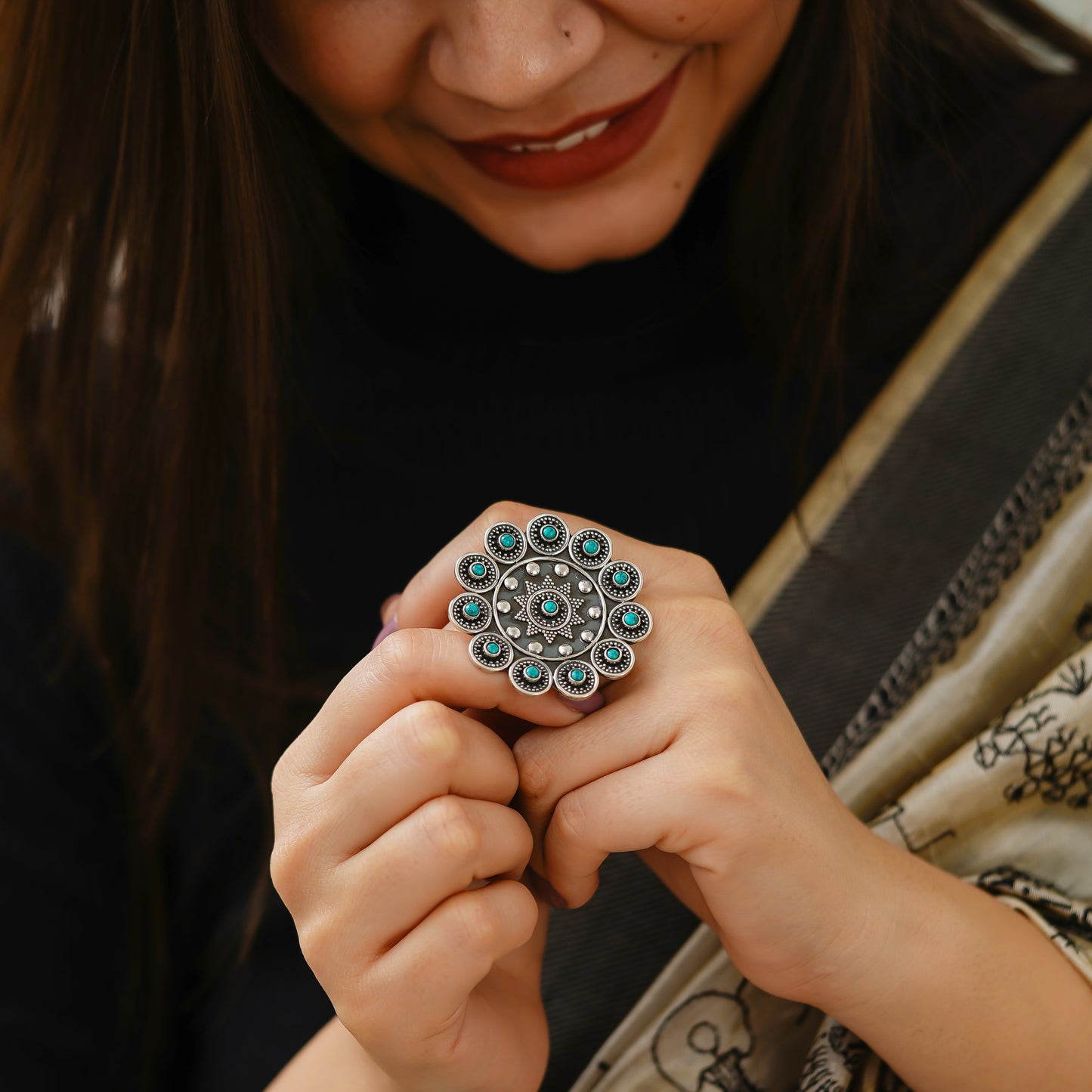 Meera Turquoise Detailed Rawa Ring