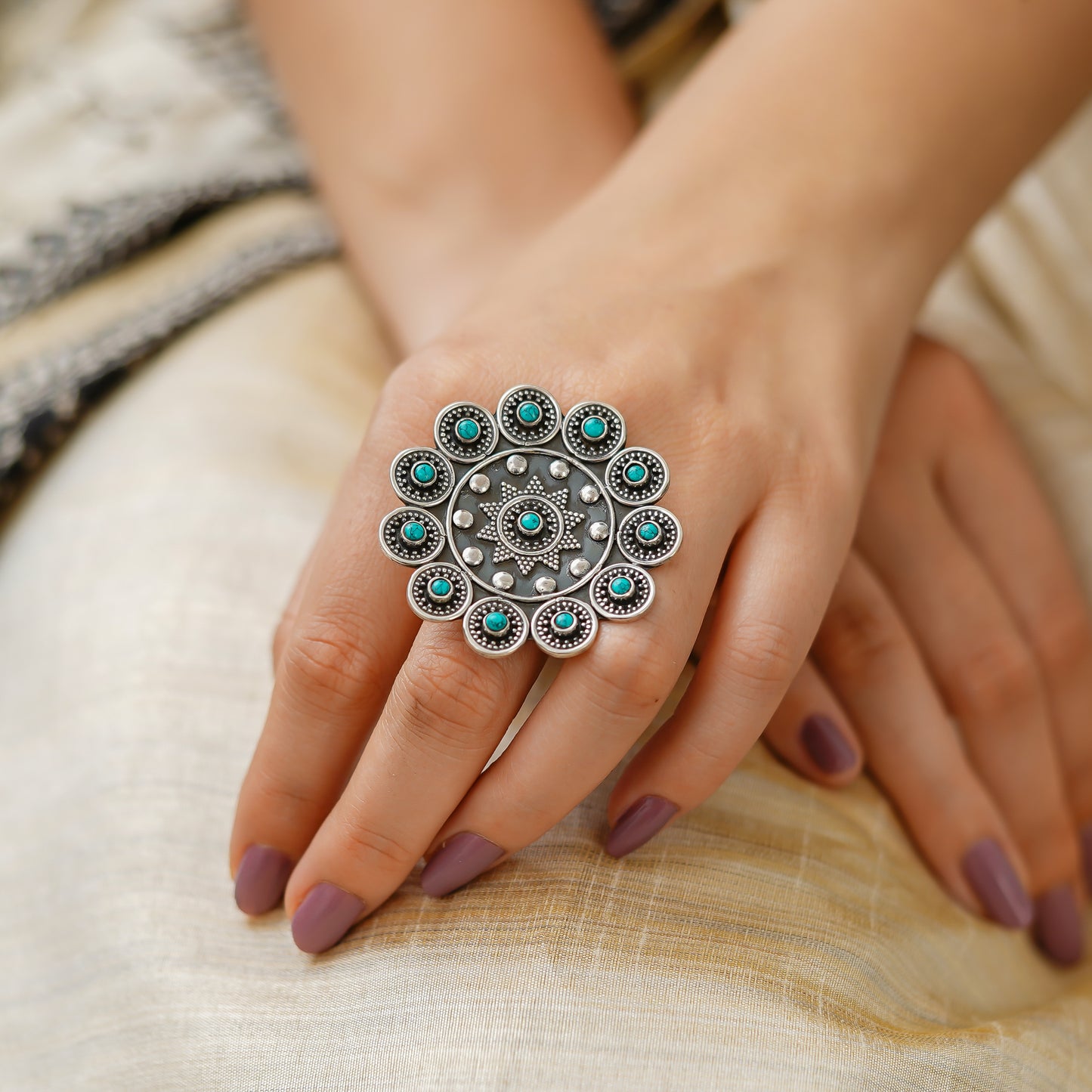 Meera Turquoise Detailed Rawa Ring