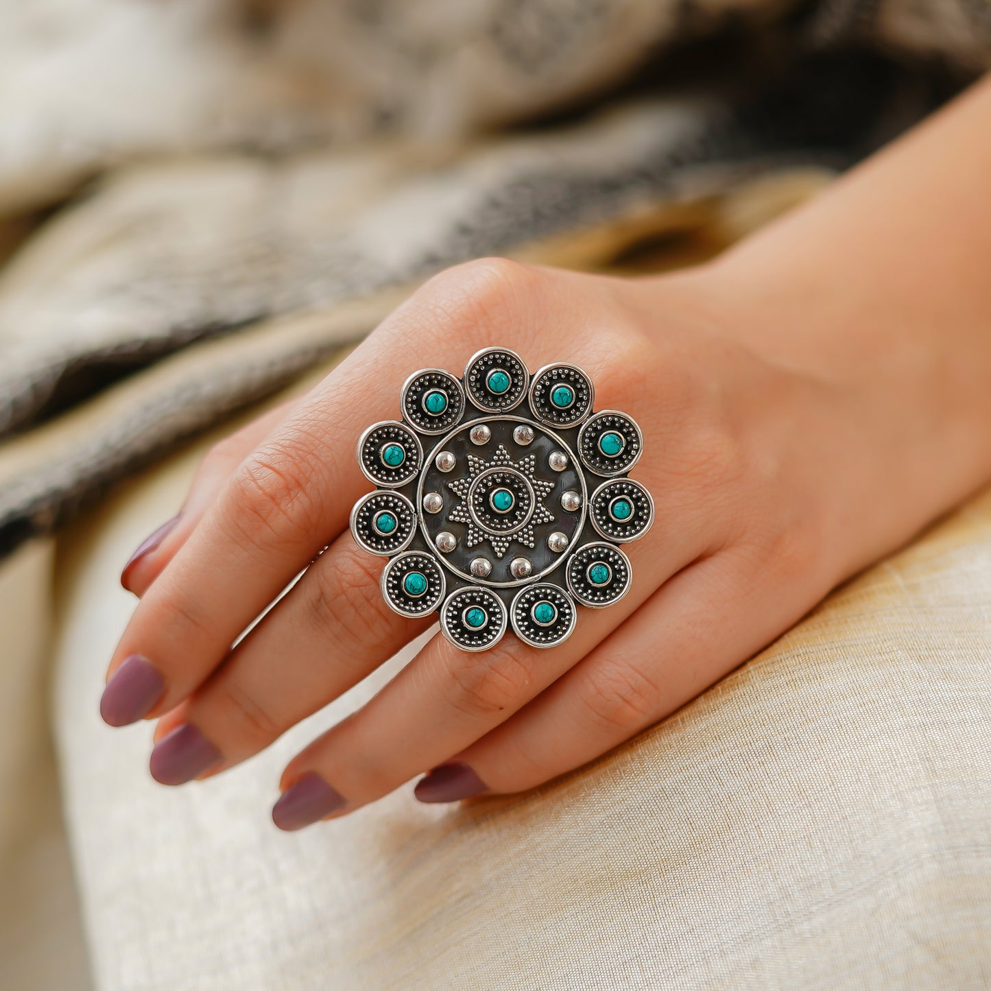 Meera Turquoise Detailed Rawa Ring