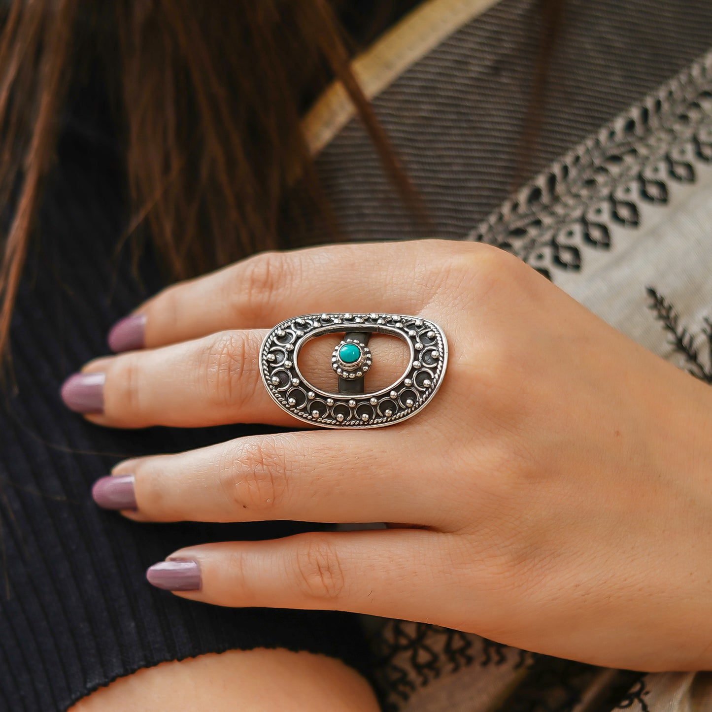 Meera Embossed Thick Rawa Turquoise Oval Ring