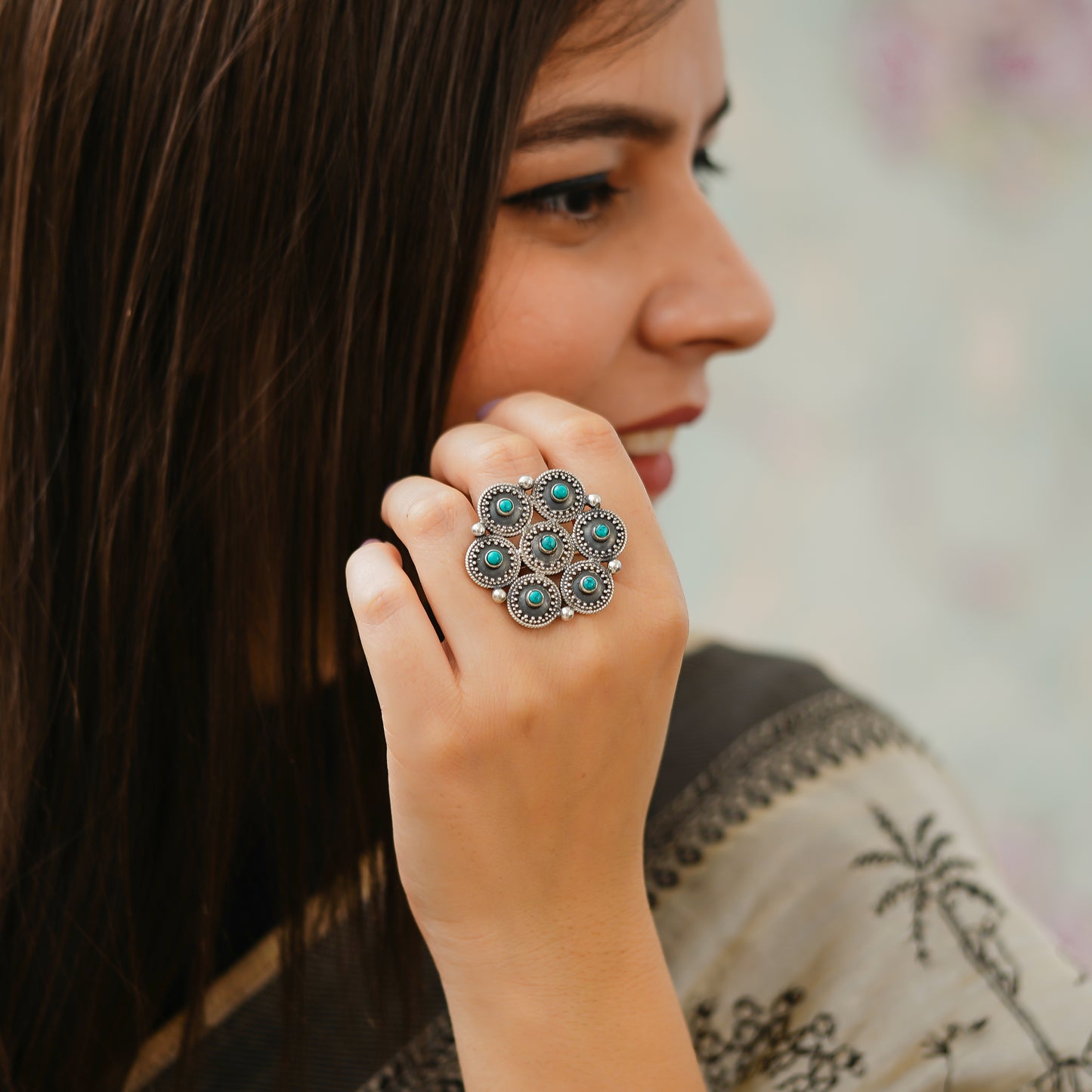 Moha Detailed Rawa Topis Turquoise Ring