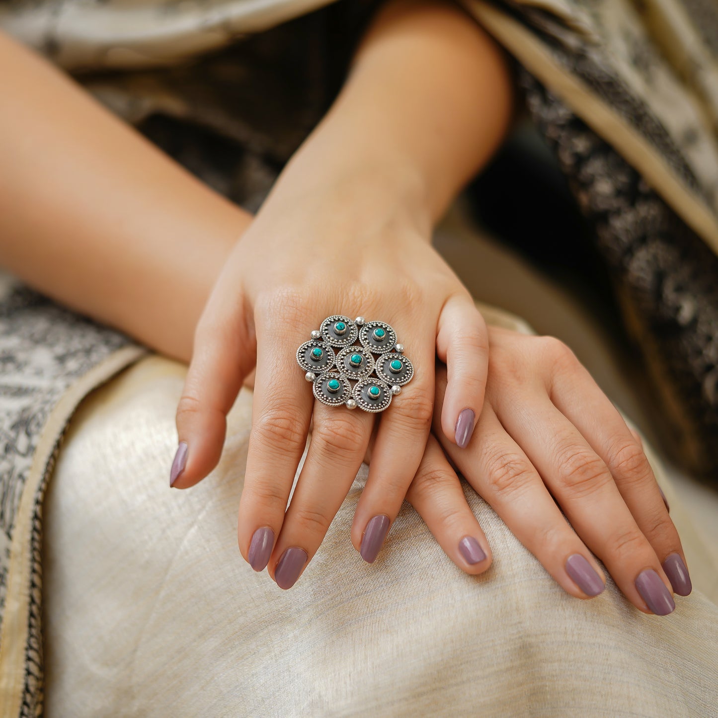 Moha Detailed Rawa Topis Turquoise Ring
