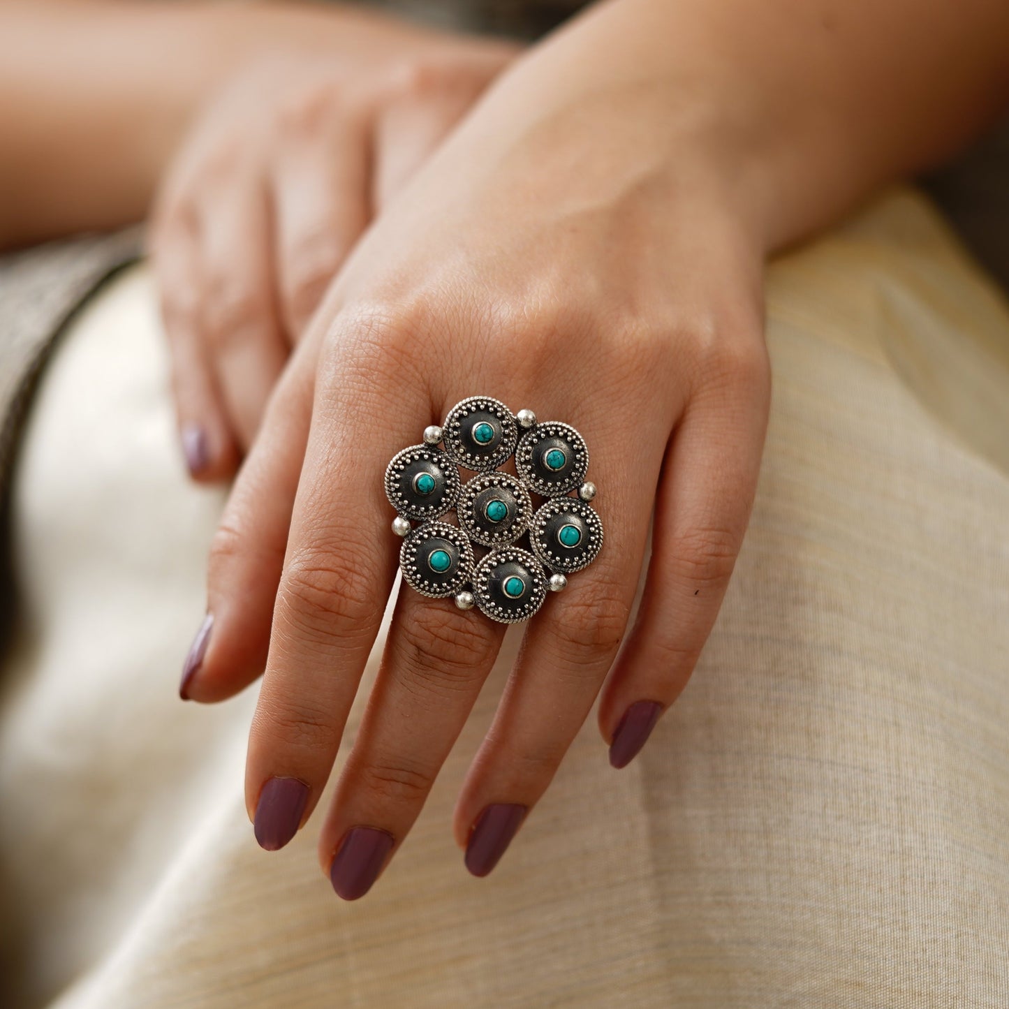 Moha Detailed Rawa Topis Turquoise Ring
