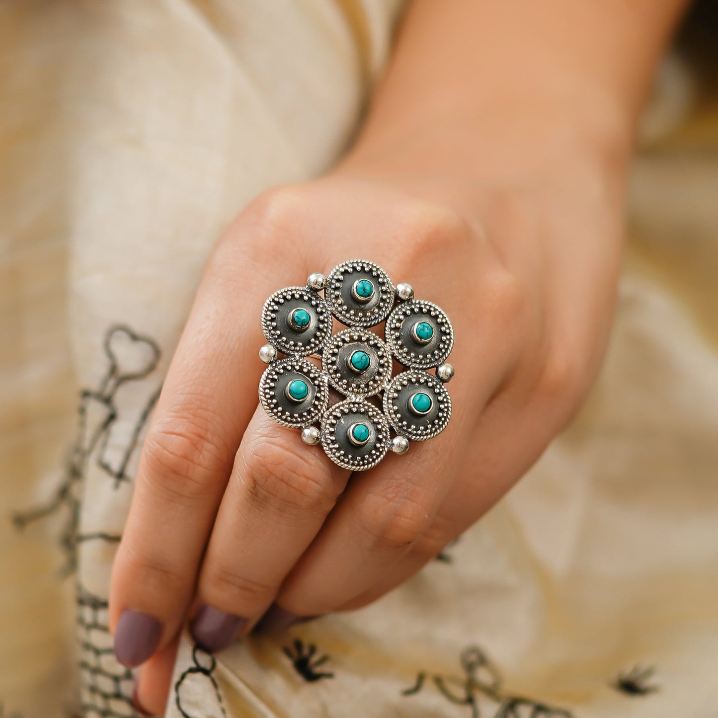 Moha Detailed Rawa Topis Turquoise Ring