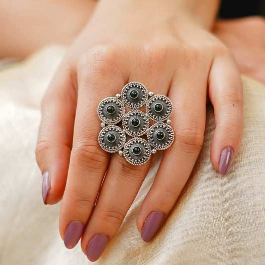 Moha Detailed Rawa Topis Green Stone Ring