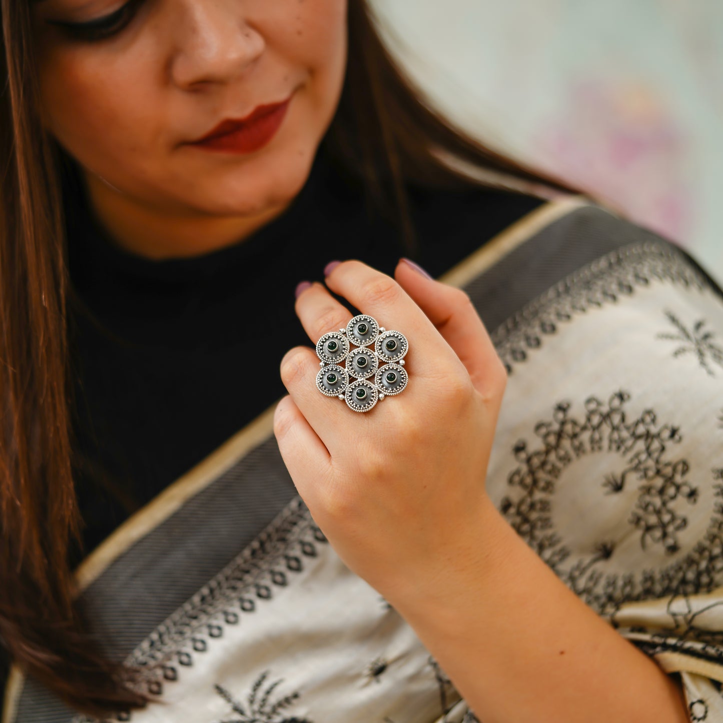 Moha Detailed Rawa Topis Green Stone Ring