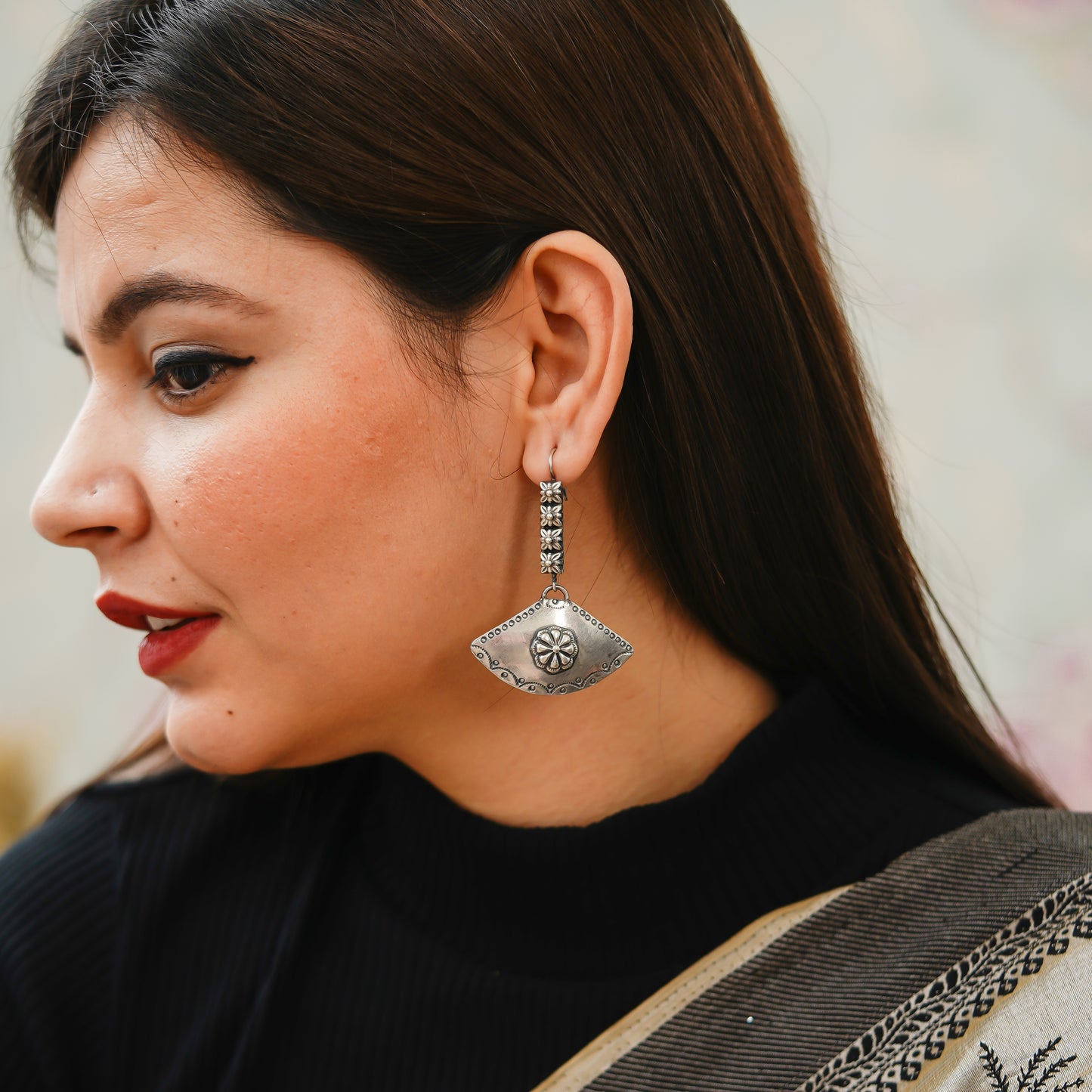 Meera Fine Kalamkari Sheet Mini Square Flower Tikdi Hook Earrings