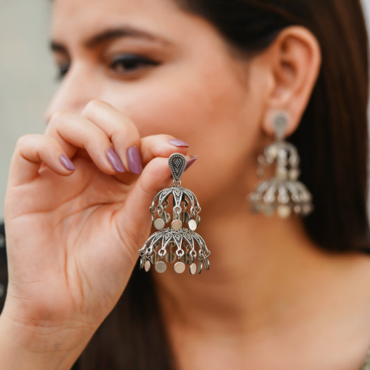 Shakti Fine Rawa Deatiled Jhumka With Tikadi Hanging Drop Earrings