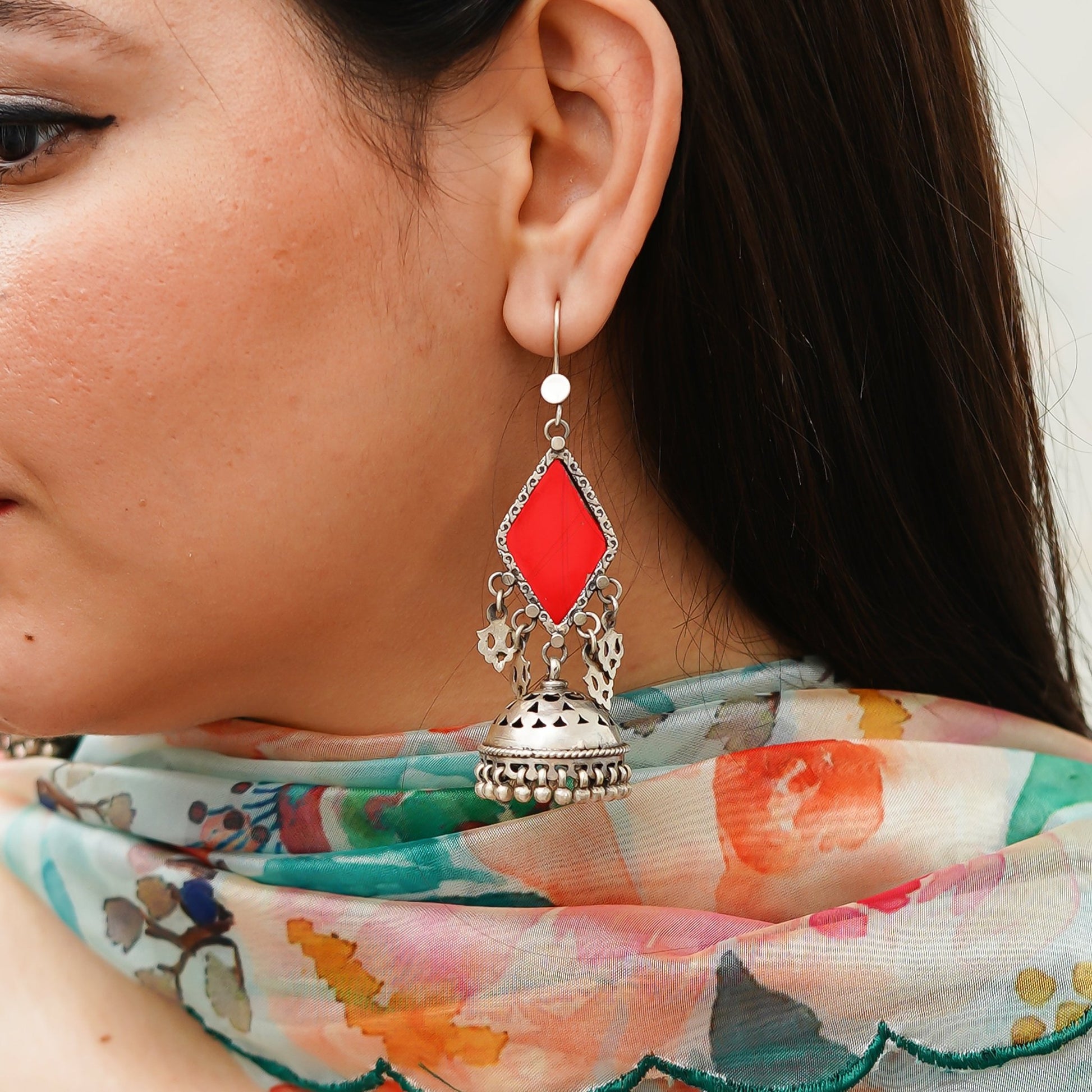 Amulya Rare Color-Glass Jaali Jhumar Red Earrings - ShailPiya