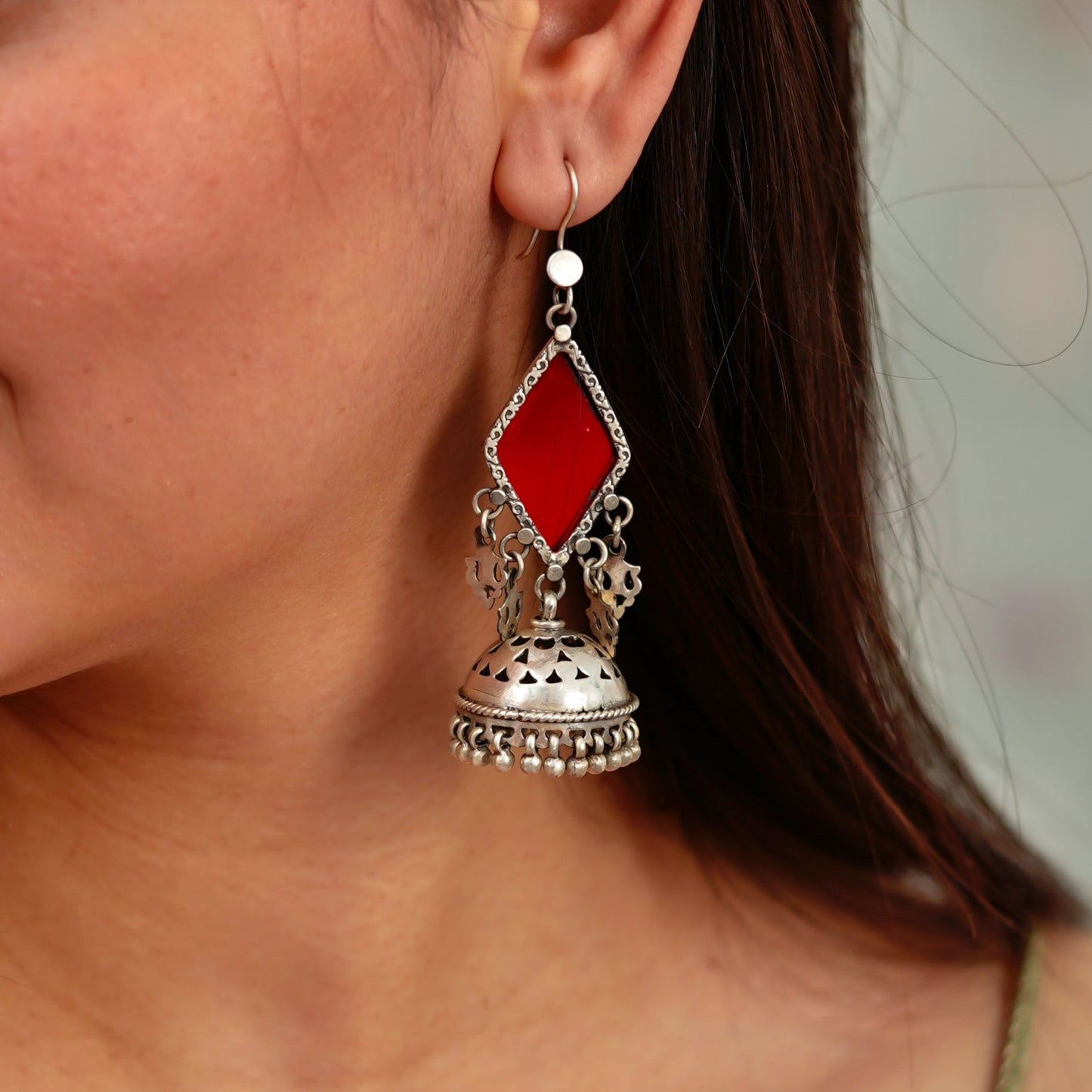 Amulya Rare Color - Glass Jaali Jhumar Red Earrings - ShailPiya