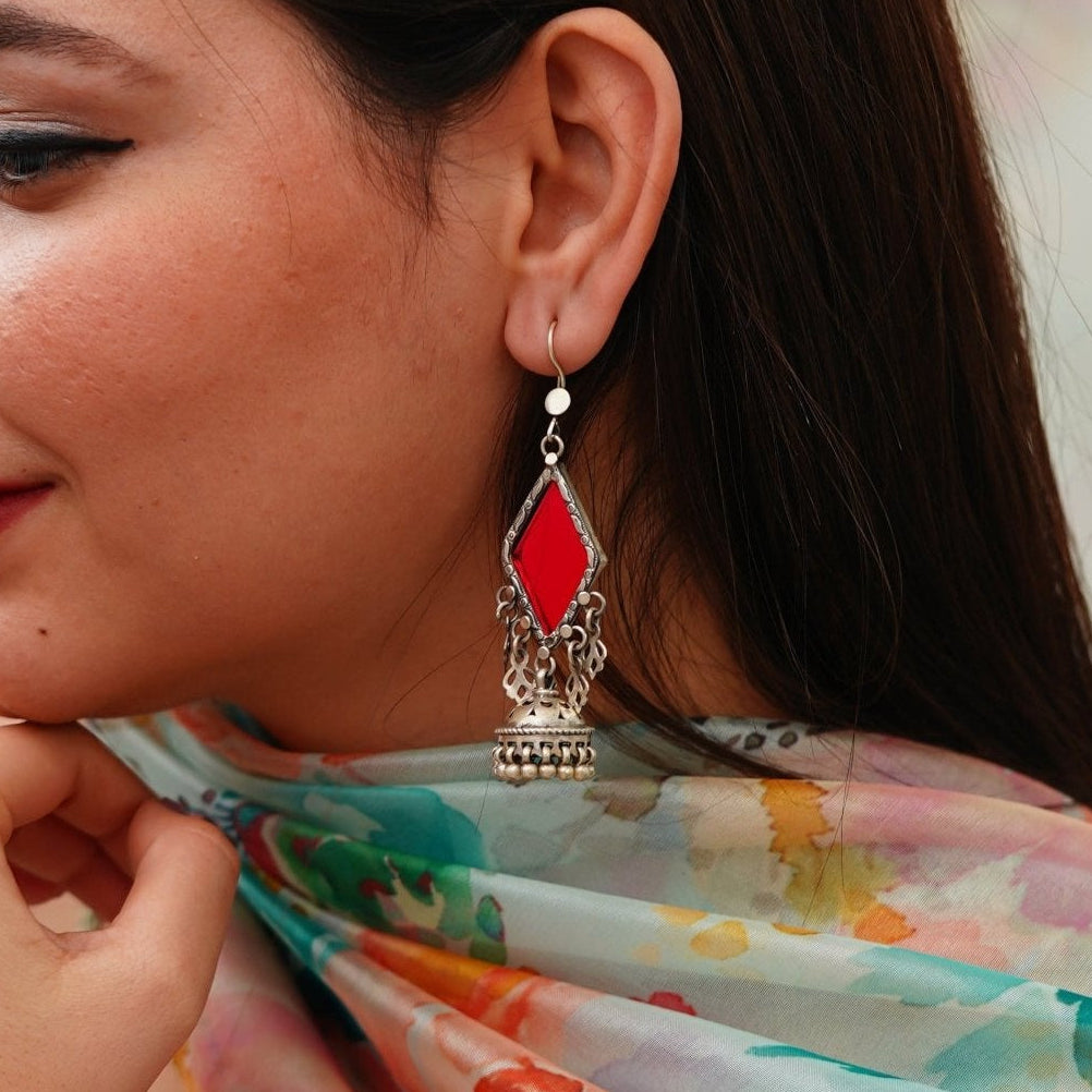 Amulya Rare Color - Glass Small Jaali Jhumar Red Earrings - ShailPiya