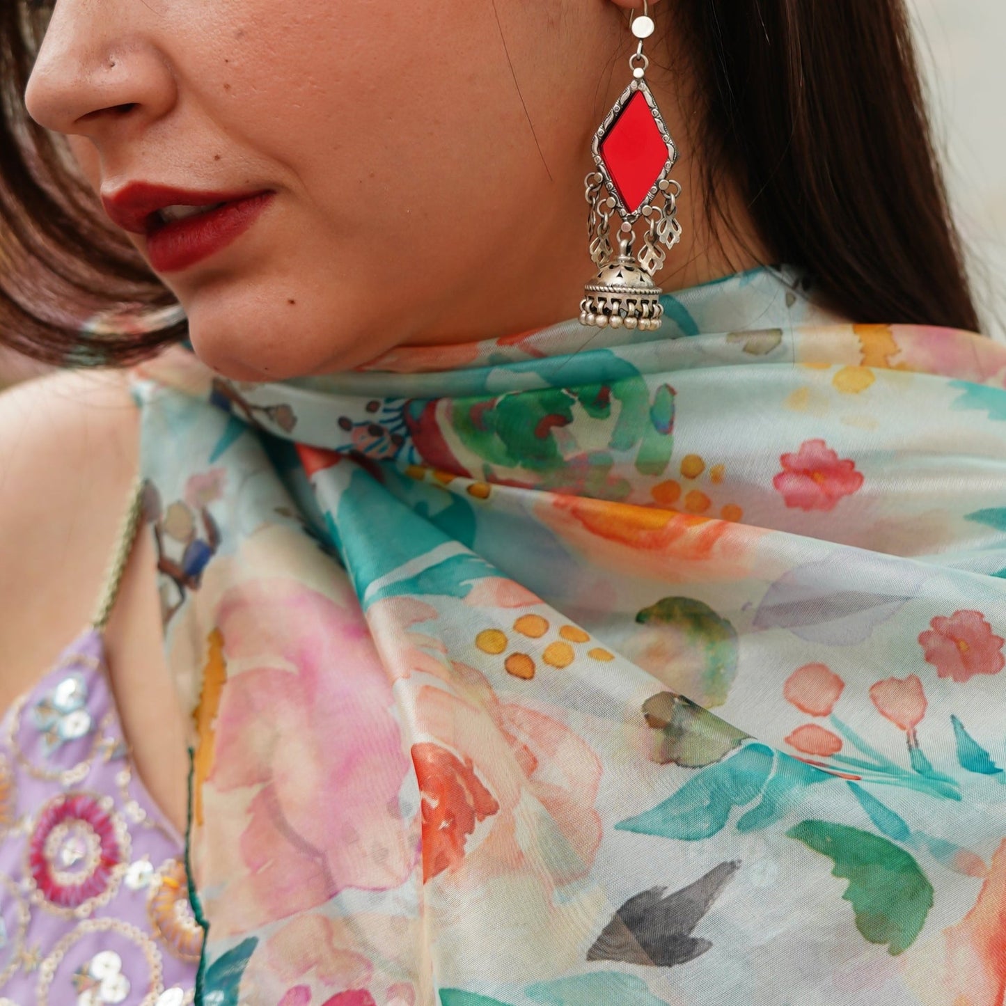 Amulya Rare Color - Glass Small Jaali Jhumar Red Earrings - ShailPiya