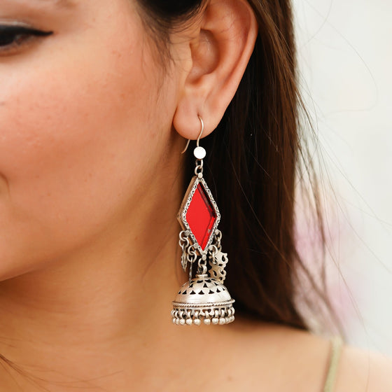 Amulya Red Glass Jali Jhumar Silver Jhumka Earrings