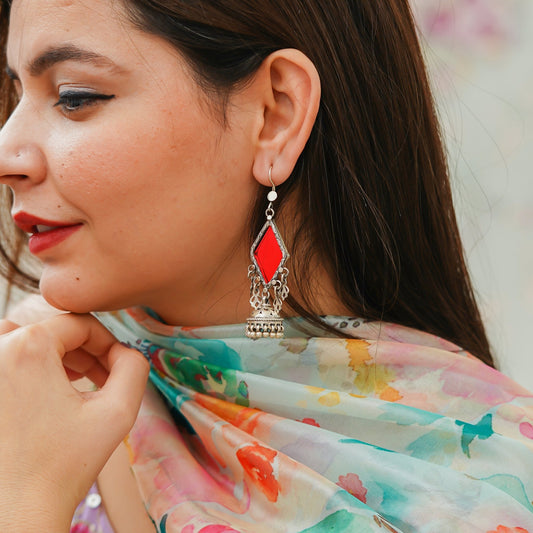 Amulya Red Glass Jali Jhumar Silver Jhumka Earrings - ShailPiya