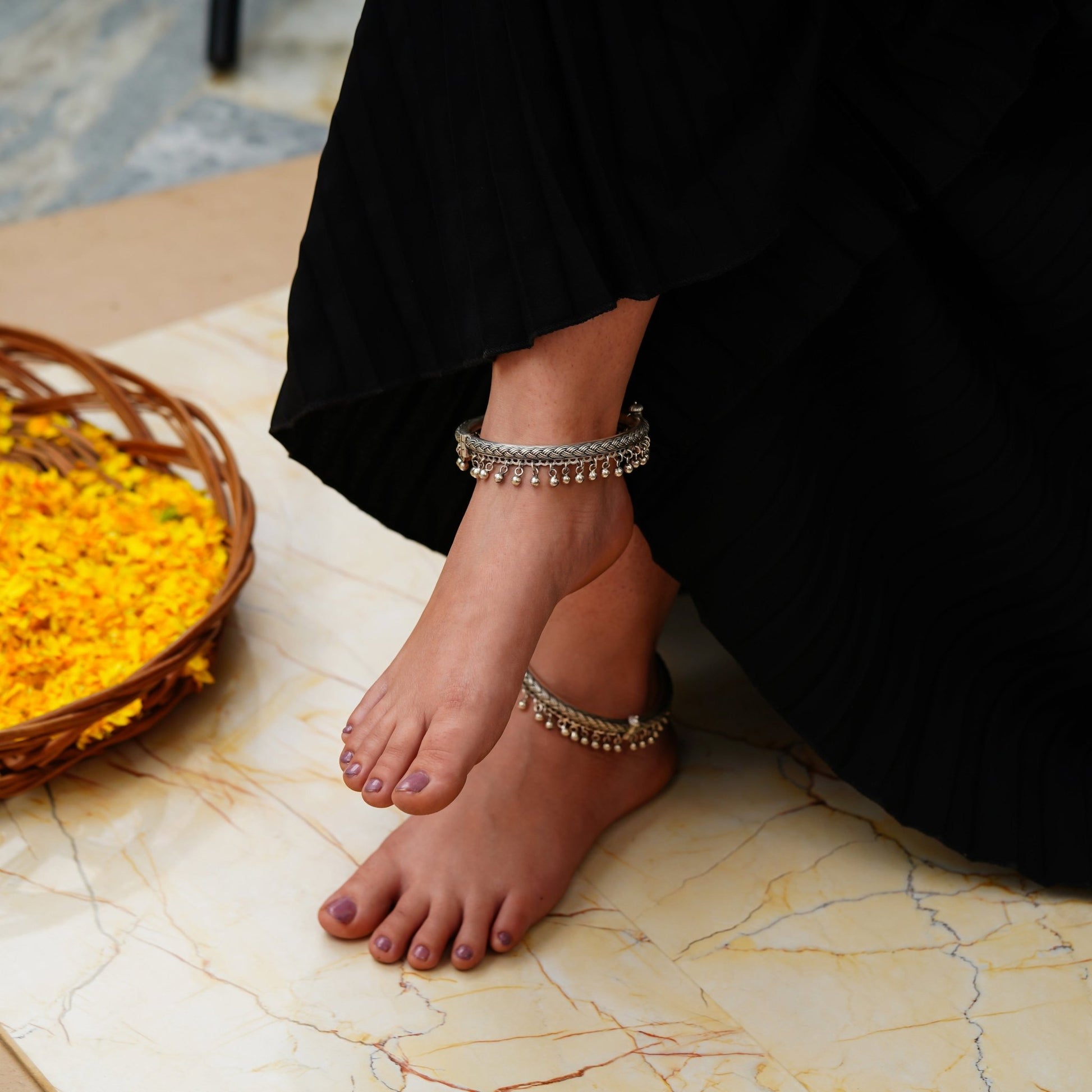 Lavanya Guthai Work on Pipe Ball Drops Vintage Kada Anklets - ShailPiya