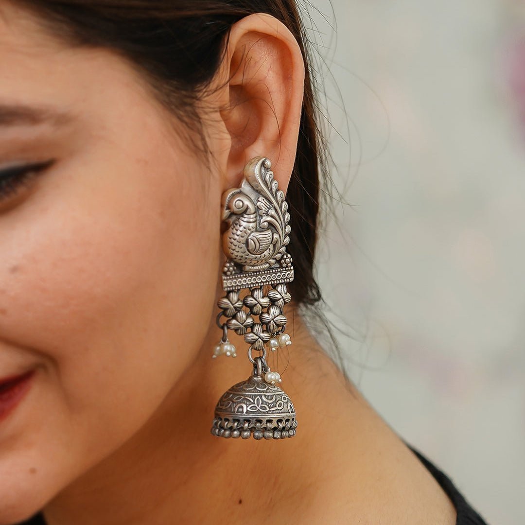 Mayoor Embossed Sadabahar Jhumka With Pearl Puwai Earrings - ShailPiya