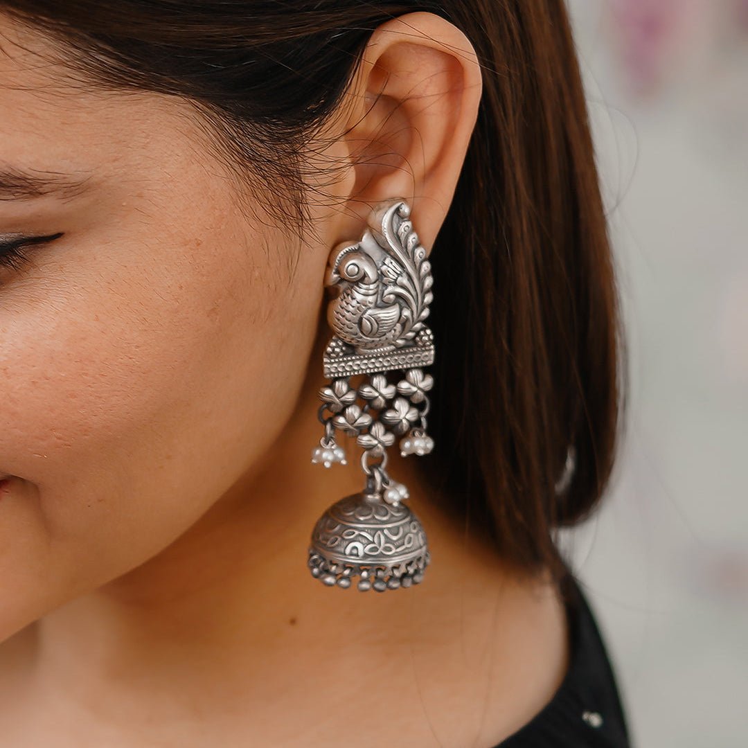 Mayoor Embossed Sadabahar Jhumka With Pearl Puwai Earrings - ShailPiya