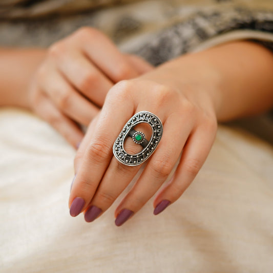 Meera Embossed Thick Rawa Green Stone Silver Ring - ShailPiya
