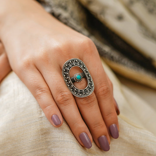 Meera Embossed Thick Rawa Turquoise Silver Ring - ShailPiya