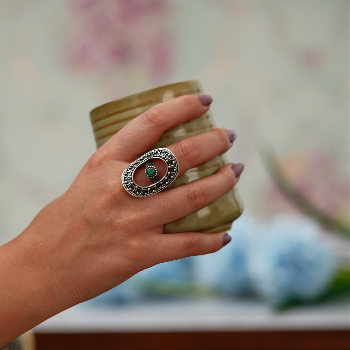 Meera Embossed Thik Rawa Green Stone Oval Ring - ShailPiya