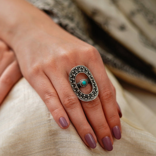 Meera Embossed Thik Rawa Turquoise Oval Ring - ShailPiya