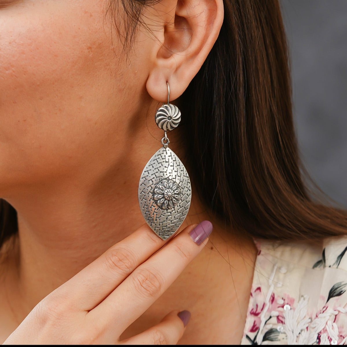 Meera Fine Kalamkari Sheet 925 Silver Hook Earrings - ShailPiya