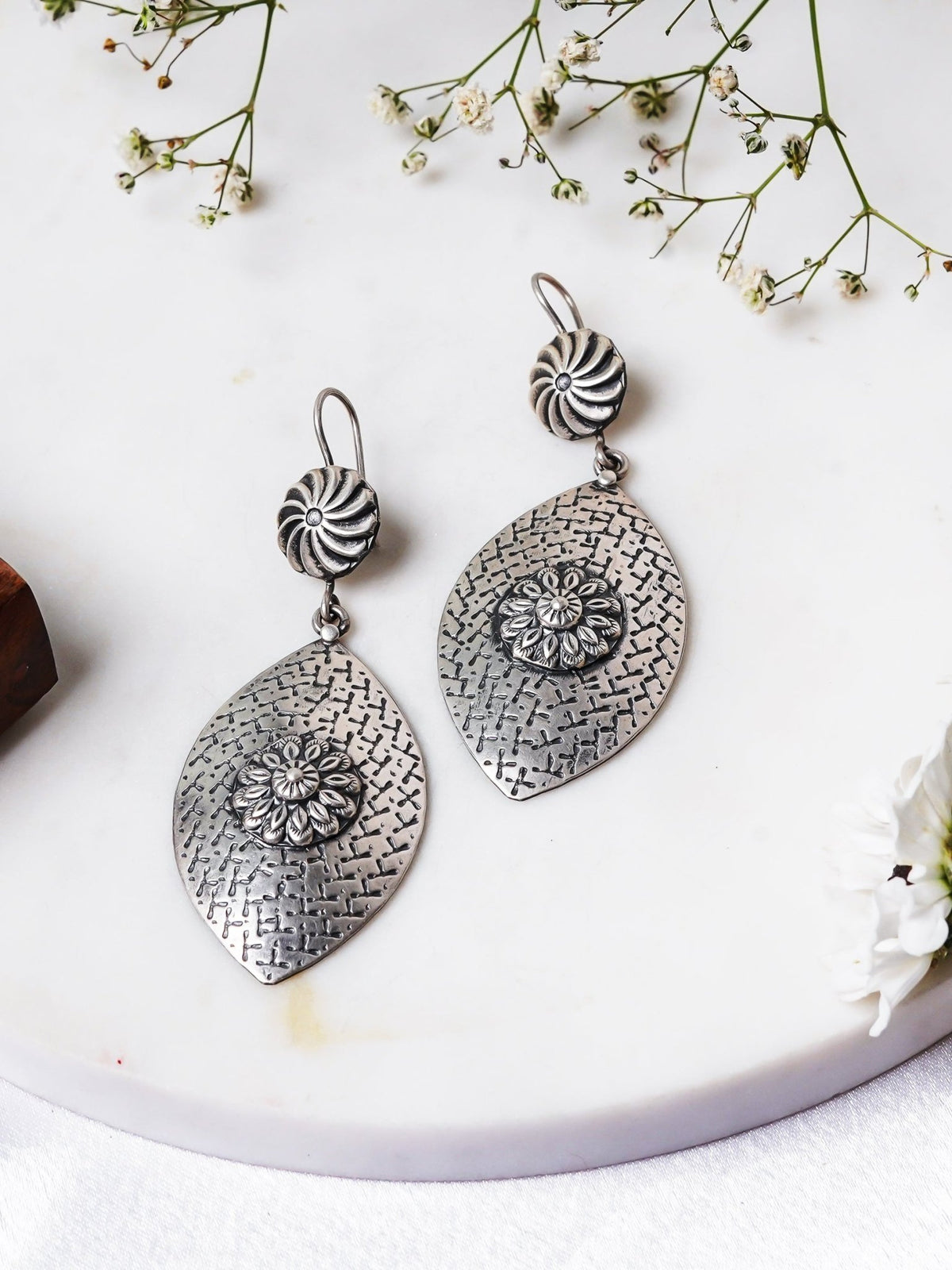 Meera Fine Kalamkari Sheet 925 Silver Hook Earrings - ShailPiya