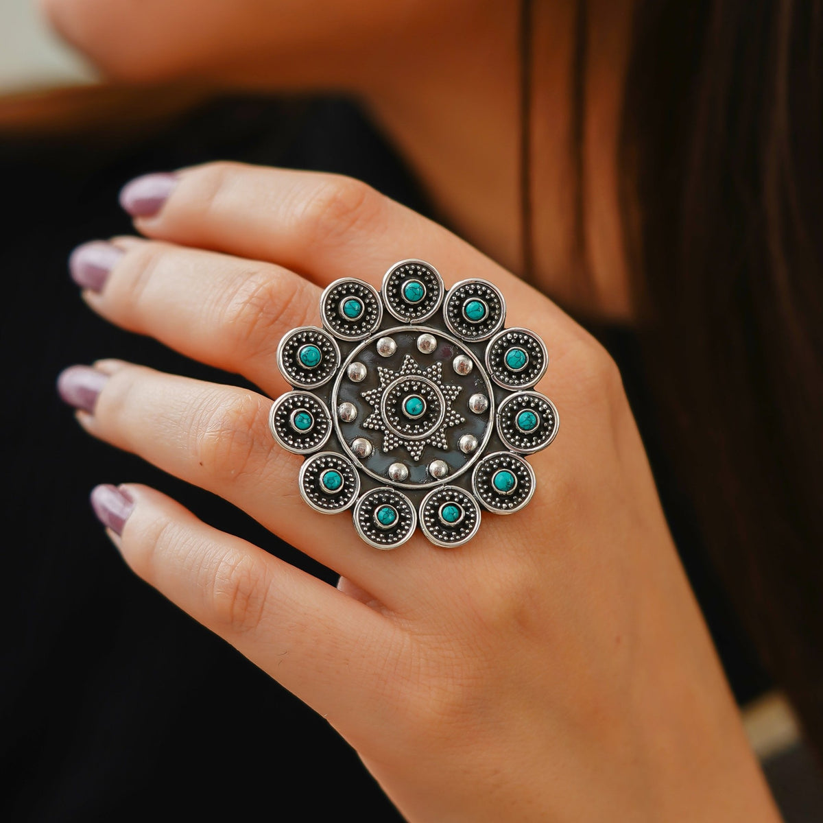Meera Turquoise Detailed Rawa 925 Silver Statement Ring - ShailPiya