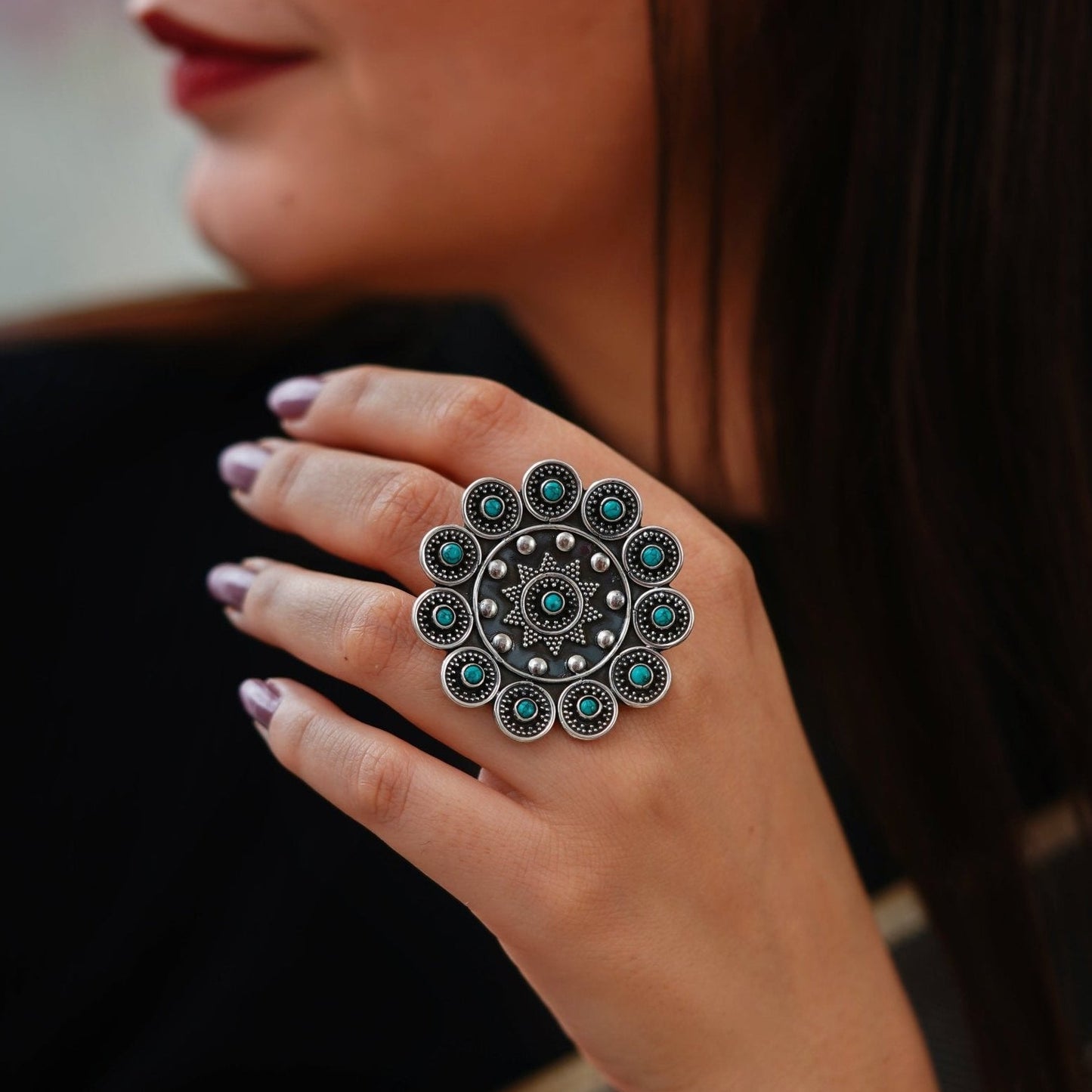 Meera Turquoise Detailed Rawa Ring - ShailPiya