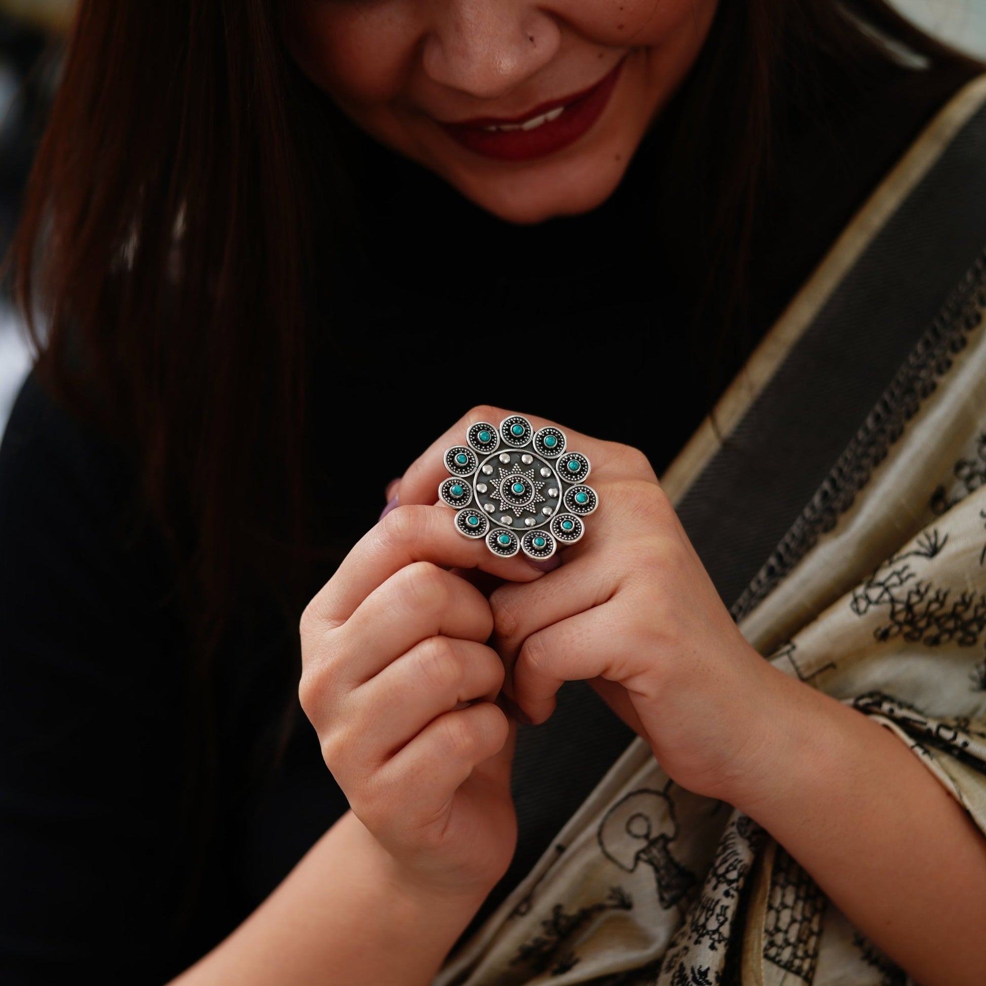 Meera Turquoise Detailed Rawa Ring - ShailPiya