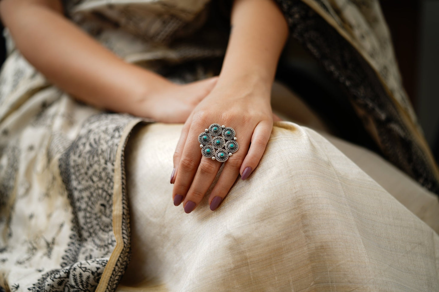 Moha Detailed Rawa Topis Turquoise Ring - ShailPiya