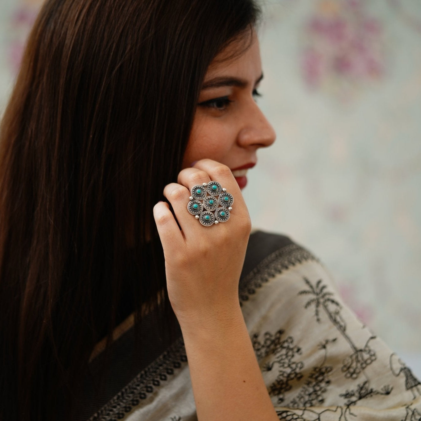 Moha Detailed Rawa Topis Turquoise Ring - ShailPiya