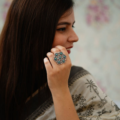 Moha Detailed Rawa Topis Turquoise Ring - ShailPiya