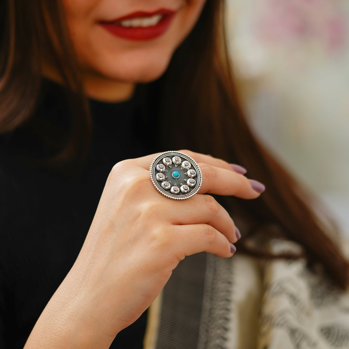 Moha Embossed Rawa Half Topi 925 Silver Turquoise Ring - ShailPiya