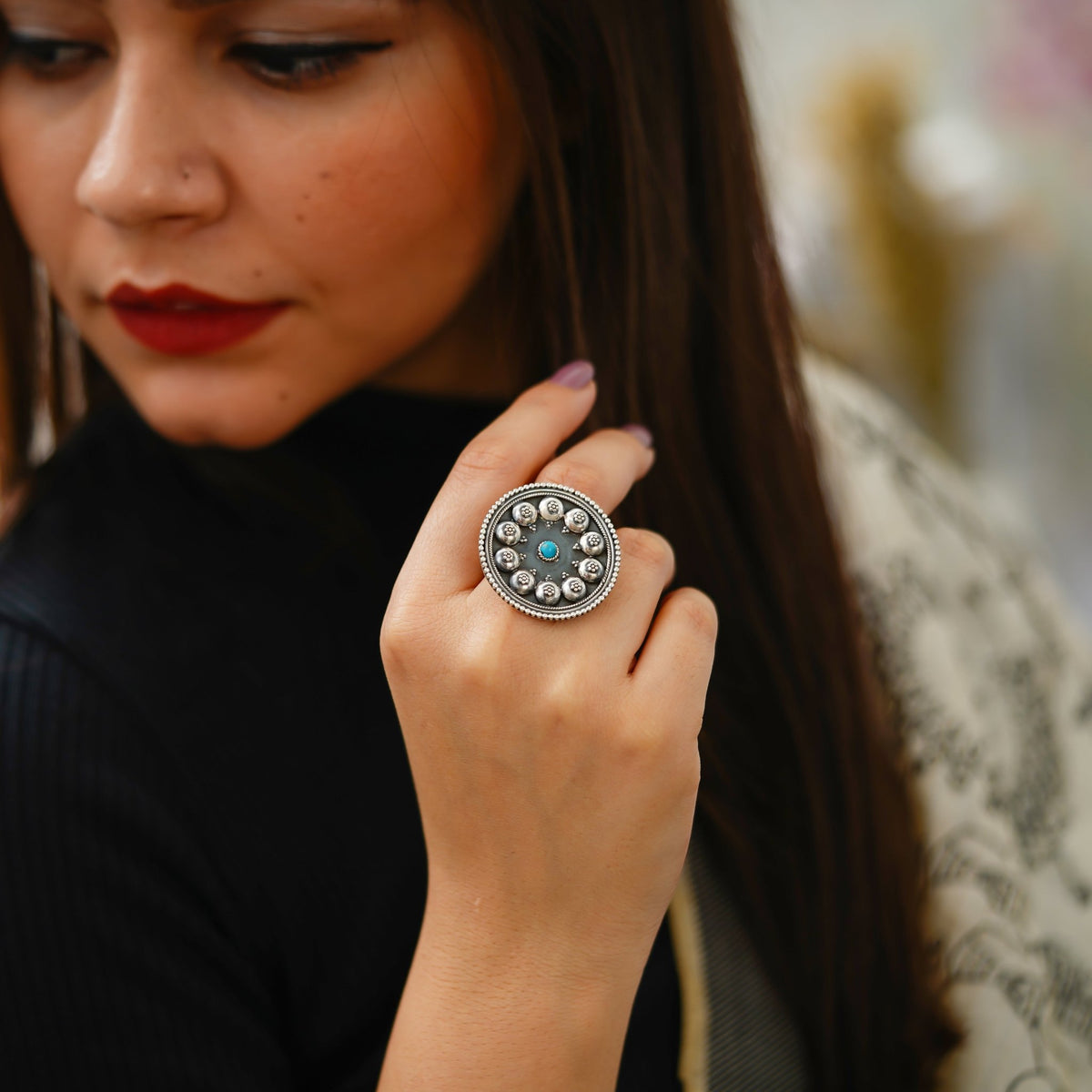 Moha Embossed Rawa Half Topi 925 Silver Turquoise Ring - ShailPiya