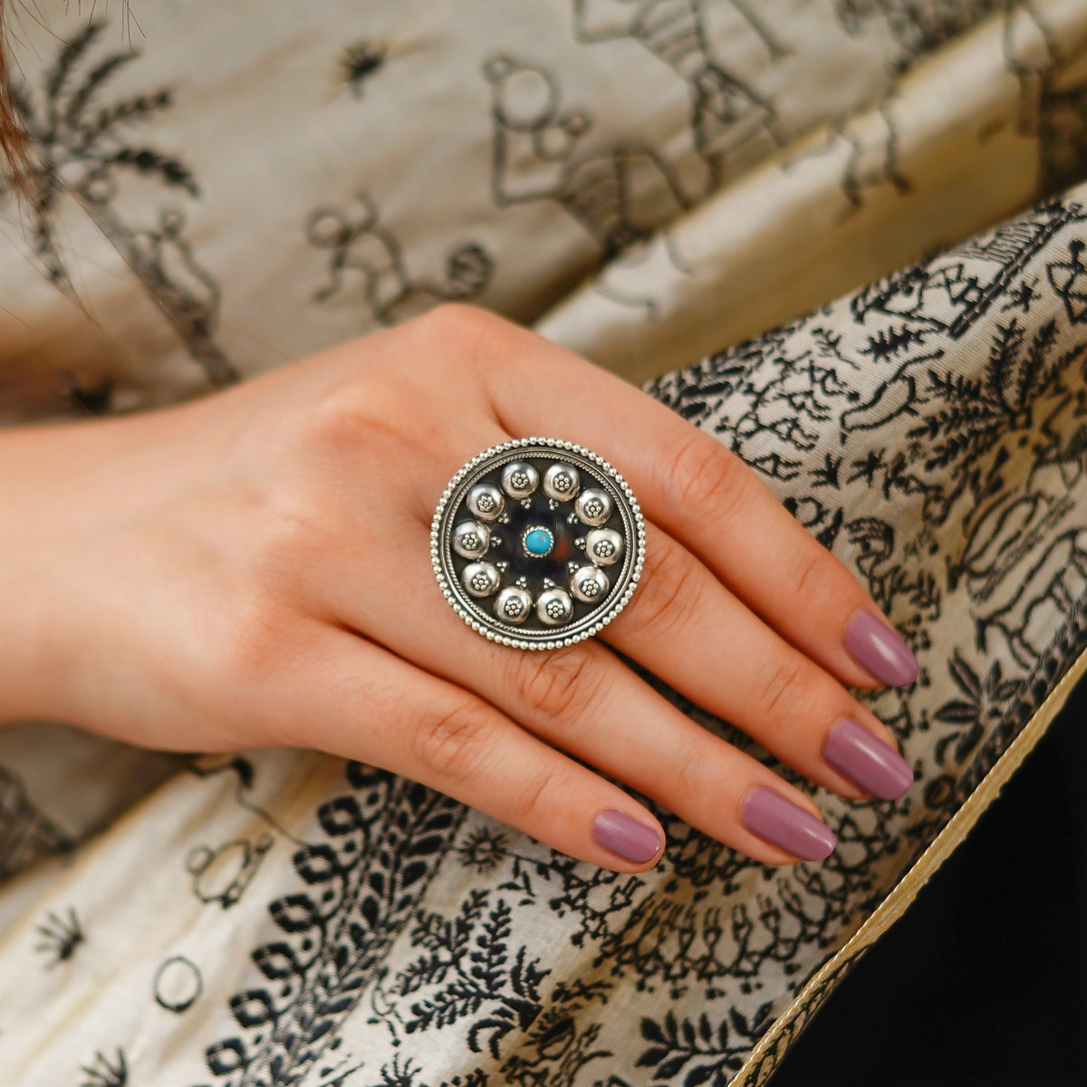Moha Embossed Rawa Half Topi 925 Silver Turquoise Ring - ShailPiya