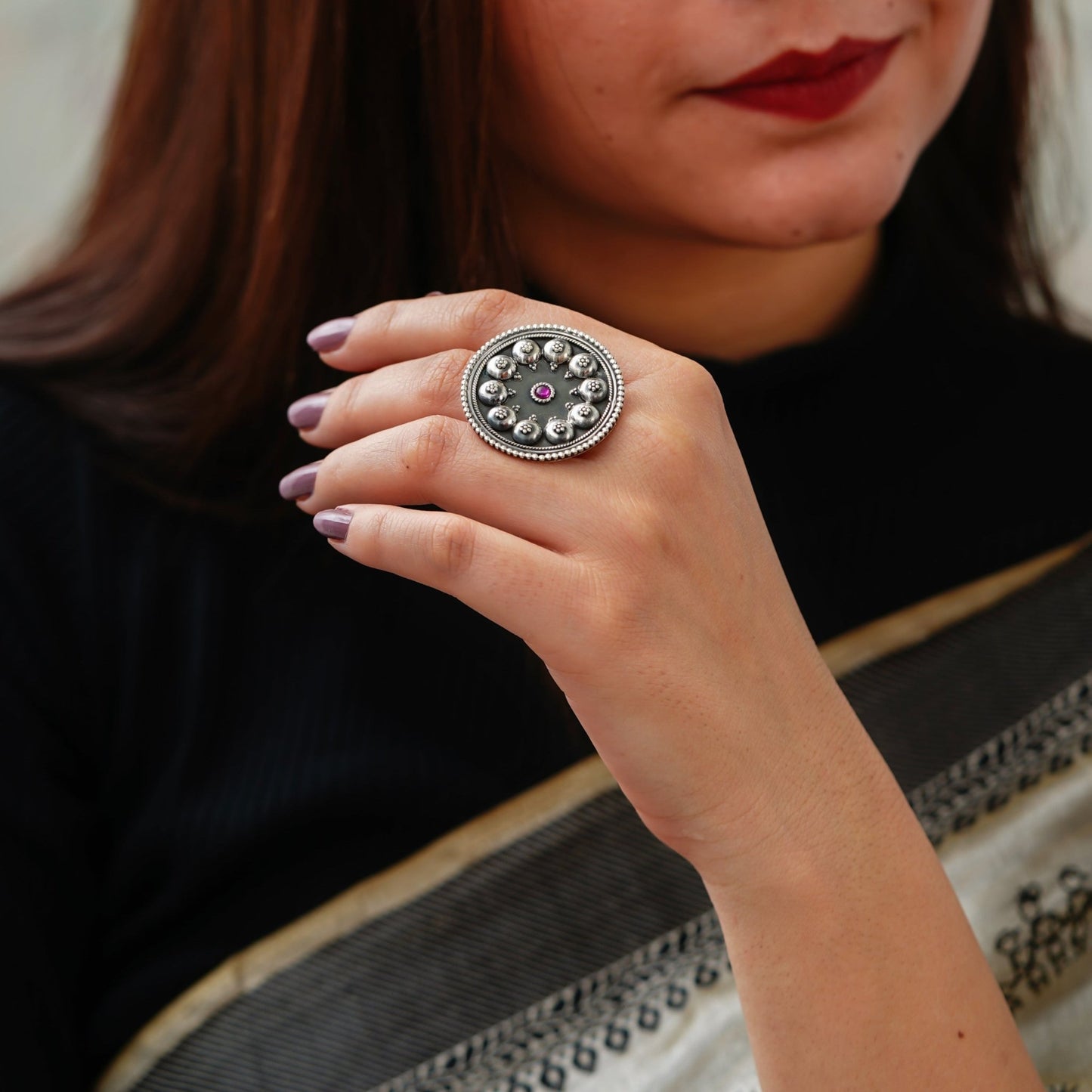 Moha Embossed Rawa Half Topi Red Stone Ring - ShailPiya