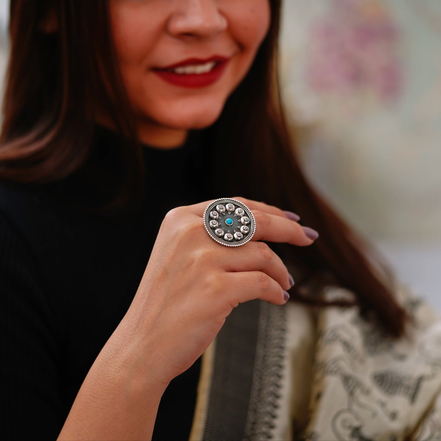 Moha Embossed Rawa Half Topis Turquoise Ring - ShailPiya