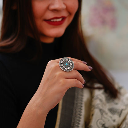 Moha Embossed Rawa Half Topis Turquoise Ring - ShailPiya