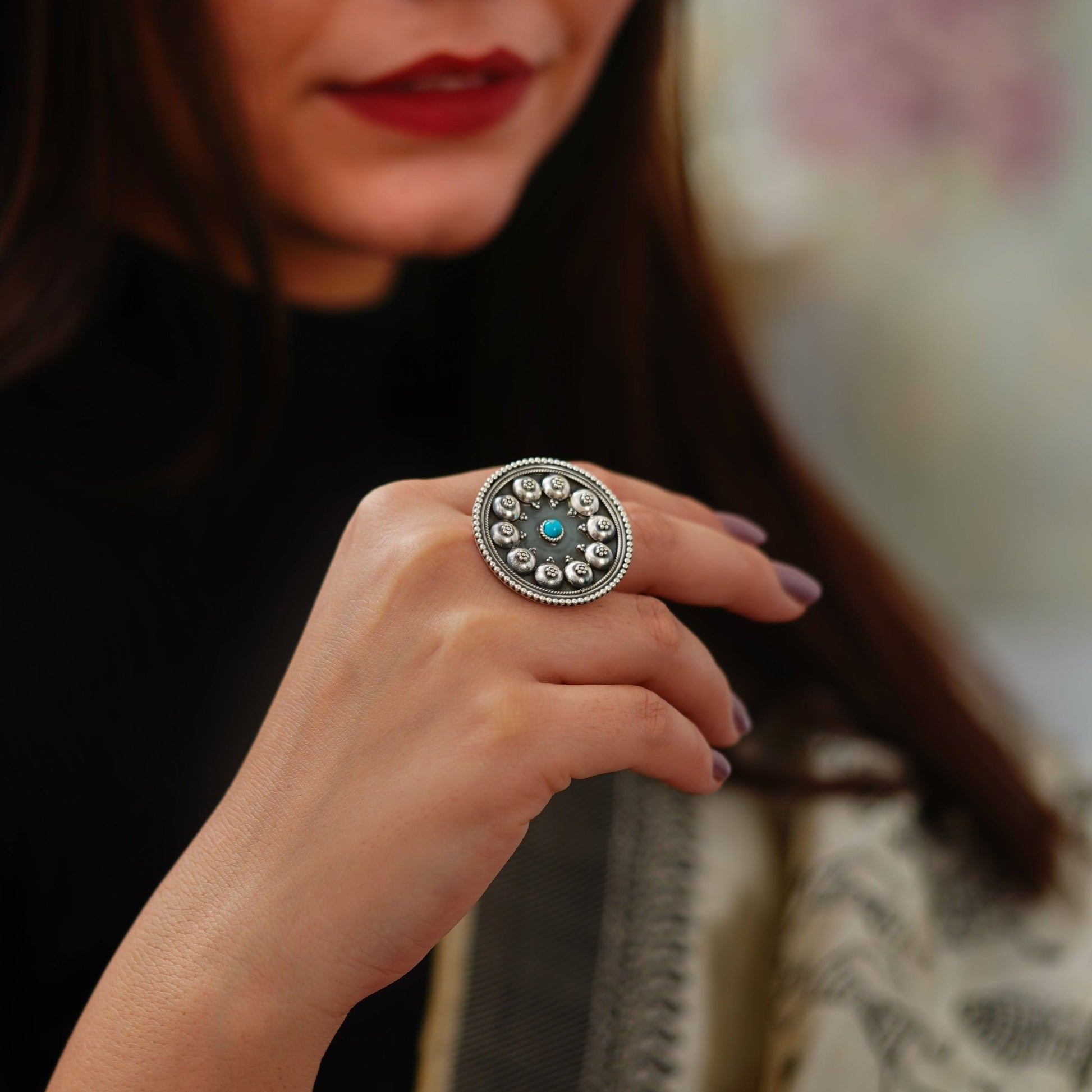 Moha Embossed Rawa Half Topis Turquoise Ring - ShailPiya