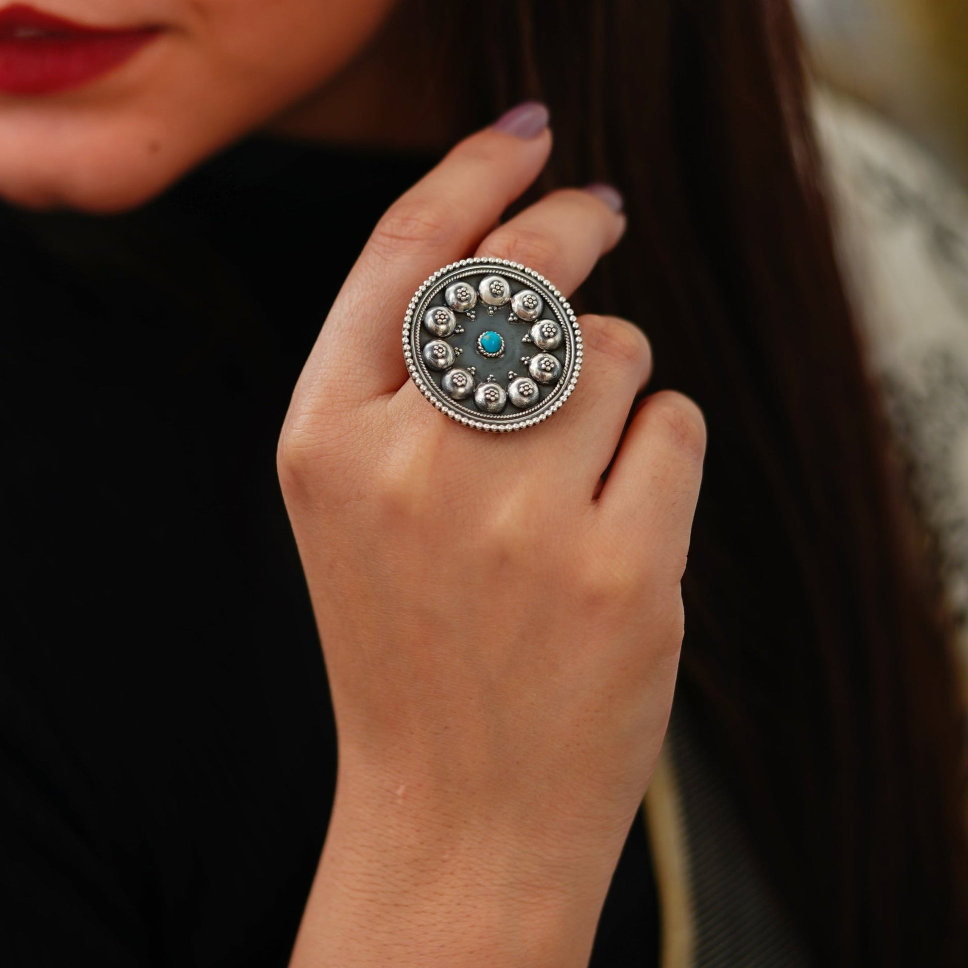 Moha Embossed Rawa Half Topis Turquoise Ring - ShailPiya