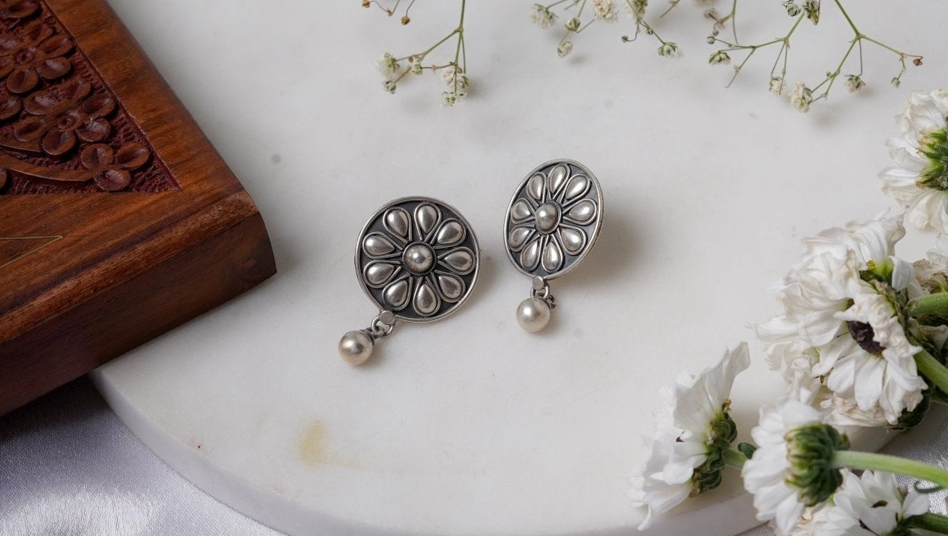 Padma Oxidized Bloom Earrings - ShailPiya