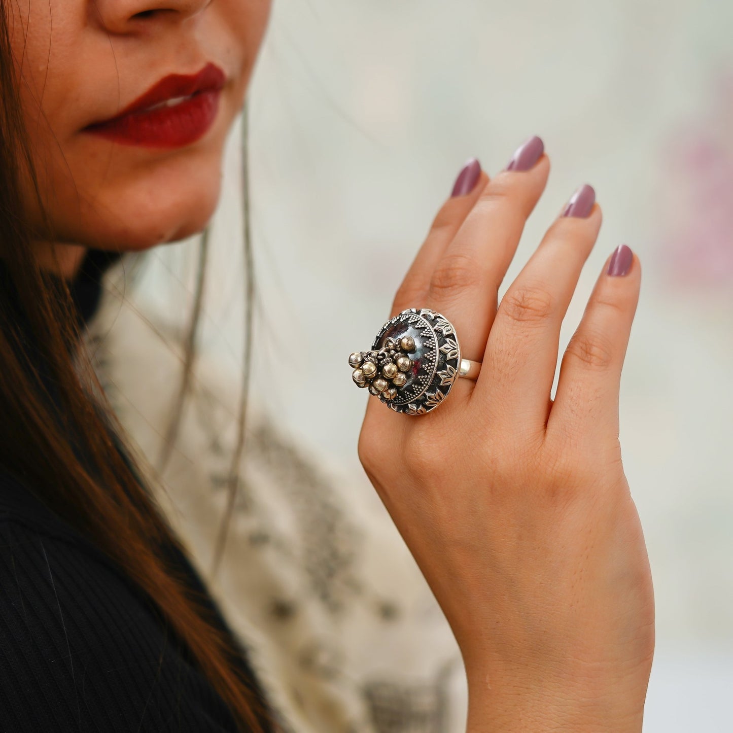 Radha Rani Embossed Domb Ghunghroo Ring - ShailPiya